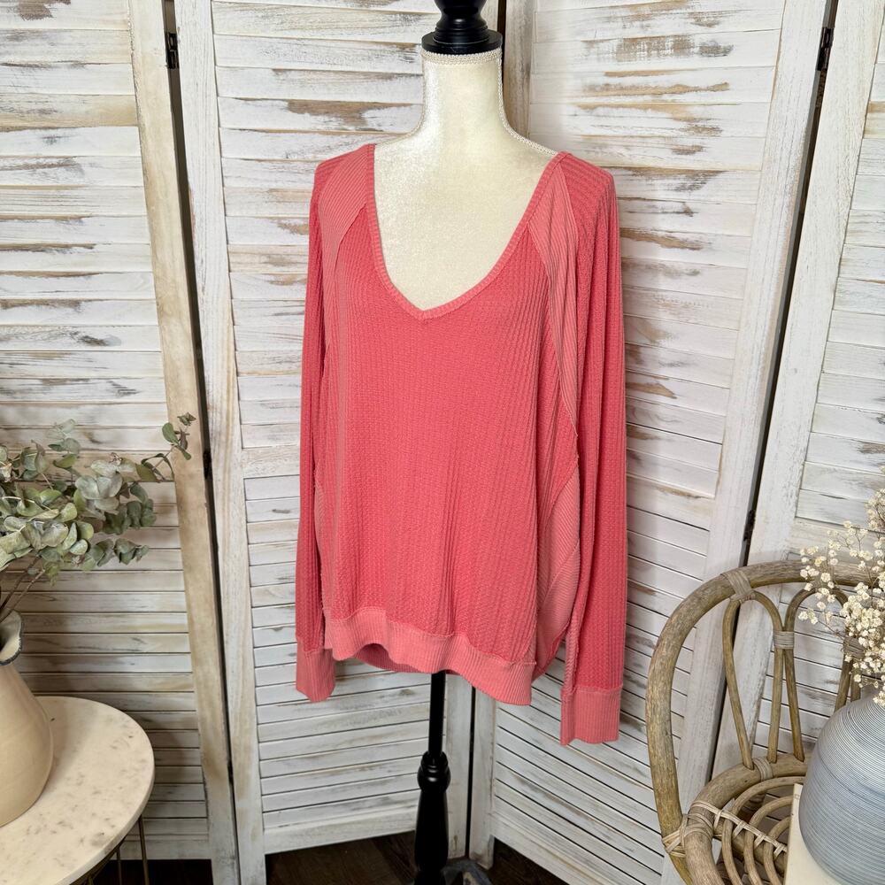 FREE PEOPLE Women's Large Santa Clara Oversized V Neck Thermal Sweater Top Pink - Picture 6 of 14